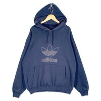 90's adidas アディダス トレフォイルロゴ刺繡 プルオーバースウェットパーカー ネイビー 万国旗タグ USA製 Size L 福生店