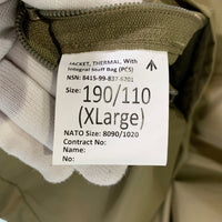 British Army イギリス軍 PCS Thermal Jacket サーマルジャケット ナイロン カーキ 84159983776201 Size 190/110 XL 福生店