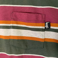 80's STUSSY ステューシー マルチボーダー ポケットTシャツ グリーン 片面 USA製 黒タグ Size L 福生店