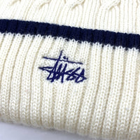 90's~ STUSSY ステューシー ケーブルニットラインビーニーキャップ クリーム ネイビー 刺繡 アクリル 紺タグ 福生店