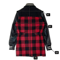 COMME des GARCONS HOMME コムデギャルソンオム HN-C014 AD2014 ショールカラー 袖レザー バッファローチェック ロング スタジャン ブラック レッド sizeXS 瑞穂店