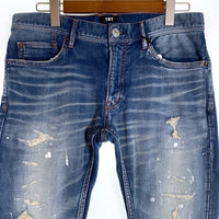 TMT ティーエムティー SWEATLIKE-STRETCH PAINT CRASH DENIM 5P TAPERED スウェットライク ストレッチデニムパンツ ダメージ加工 インディゴ TPT-F1902 Size L 福生店