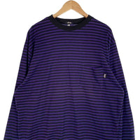 80's STUSSY ステューシー ボーダー ポケット ロングスリーブTシャツ ブラック パープル USA製 黒タグ Size XL 福生店
