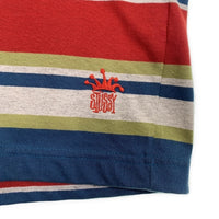 80's STUSSY ステューシー マルチボーダー ポケットTシャツ 裾クラウンロゴ刺繡 ブルー USA製 黒タグ Size XL 福生店