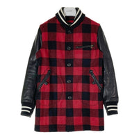 COMME des GARCONS HOMME コムデギャルソンオム HN-C014 AD2014 ショールカラー 袖レザー バッファローチェック ロング スタジャン ブラック レッド sizeXS 瑞穂店