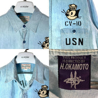 TOY'S McCOY トイズマッコイ USN シャンブレーシャツ U.S.S. YORKTOWN FELIX THE CAT フィリックス ペイント ダメージ加工 インディゴ size15 瑞穂店