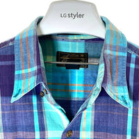 Eddie Bauer エディーバウアー 黒タグ 香港製 マドラスチェック ボタンダウン 半袖シャツ パープルxブルー sizeL 瑞穂店