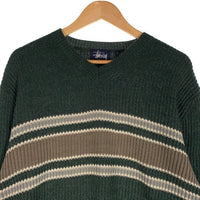 90's STUSSY ステューシー アクリルウール Vネック ボーダーニットセーター グリーン 中国製 紺タグ デッドストック Size L 福生店