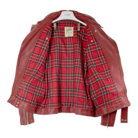 666 トリプルシックス LJM-8 ステアハイド タータン裏地 カーキベージュファスナーテープ フロントフラップ ライダースジャケット ディープレッド size44 瑞穂店