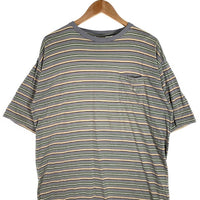 90's STUSSY ステューシー ボーダー ポケットTシャツ グレー ショーンフォント刺繡 インド製 白タグ Size L 福生店