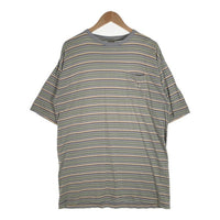 90's STUSSY ステューシー ボーダー ポケットTシャツ グレー ショーンフォント刺繡 インド製 白タグ Size L 福生店
