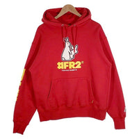 FR2 エフアールツー ロゴプリント プルオーバースウェットパーカー レッド 袖プリント Size L 福生店