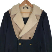 Maison Martin Margiera 10 メゾンマルタンマルジェラ 11AW ウール ムートン切替 ダブルブレスト コート ネイビー ベージュ Size 44 福生店