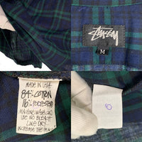 80's STUSSY ステューシー コットン オープンカラーフランネルチェックシャツ ブラックウォッチ 長袖 ネイビー グリーン USA製 黒タグ Size M 福生店
