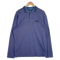 80's STUSSY ステューシー コットン ロングスリーブポロシャツ ネイビー 襟ジャカード USA製 黒タグ Size M 福生店
