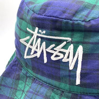 80's~ STUSSY ステューシー チェックロールアップハット スナップボタン グリーン ネイビー ブラックウォッチ USA製 黒タグ Size M 福生店