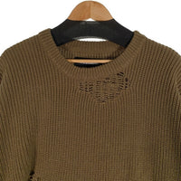 NEIGHBORHOOD ネイバーフッド 21SS SAVAGE . CREW / CA-KNIT LS ダメージ加工 クルーネックセーター カーキ コットン アクリル 211FUNH-KNM01 Size XL 福生店