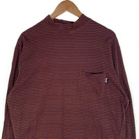 80's STUSSY ステューシー モックネック ボーダーポケットロングスリーブTシャツ ブラウン ネイビー USA製 黒タグ Size L 福生店