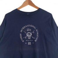 90's STUSSY ステューシー INTERNATIONAL ATHLETICS スカルプリント Tシャツ ネイビー USA製 紺タグ Size XXL 福生店