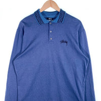 80's STUSSY ステューシー コットン ロングスリーブポロシャツ ネイビー 襟ジャカード USA製 黒タグ Size M 福生店