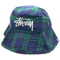 80's~ STUSSY ステューシー チェックロールアップハット スナップボタン グリーン ネイビー ブラックウォッチ USA製 黒タグ Size M 福生店