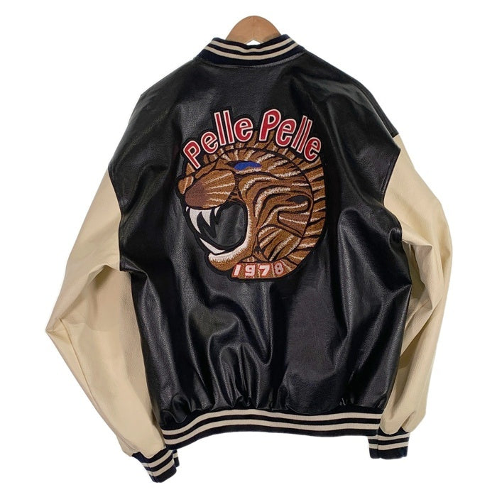 90's pellepelle ペレペレ オールレザースタジャン ジップアップ ブラック クリーム ワッペン Size XL 福生店