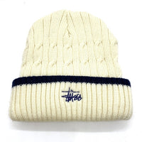 90's~ STUSSY ステューシー ケーブルニットラインビーニーキャップ クリーム ネイビー 刺繡 アクリル 紺タグ 福生店