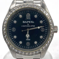 A BATHING APE アベイシングエイプ BAPEX ベイプックス B0708 G073 クリスタルベゼル 黒文字盤 腕時計 シルバー 瑞穂店