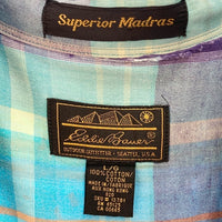Eddie Bauer エディーバウアー 黒タグ 香港製 マドラスチェック ボタンダウン 半袖シャツ パープルxブルー sizeL 瑞穂店