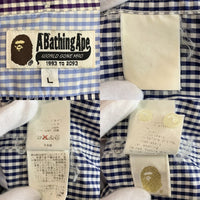 A BATHING APE アベイシングエイプ ボタンダウン ギンガムチェック 半袖シャツ 切替 ネイビー パープル Size L 福生店