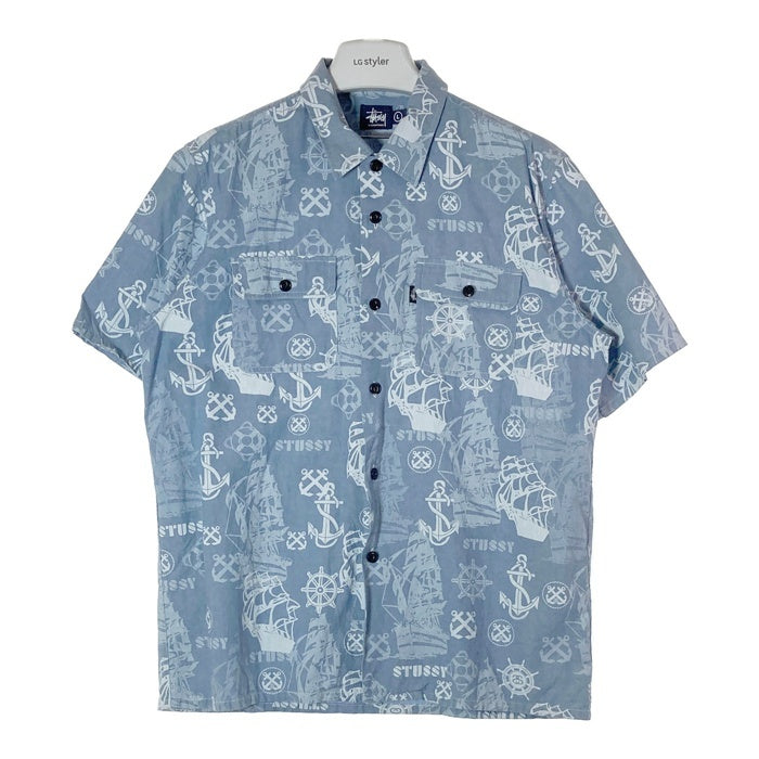 STUSSY ステューシー 半袖シャツ 船 イカリ 総柄 ブルー sizeL