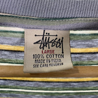 90's STUSSY ステューシー ボーダー ポケットTシャツ グレー ショーンフォント刺繡 インド製 白タグ Size L 福生店