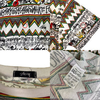 80's STUSSY ステューシー IRIE BAND 総柄 オーバープリント ポケットTシャツ ラスタ ホワイト 黒タグ USA製 Size L 福生店