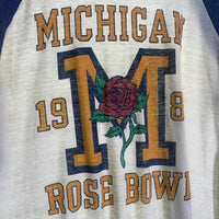 80's MICHIGAN ROSE BOWL 1983 ラグランスリーブカットソー 七分袖 ホワイト ネイビー Hanes USA製 Size L 福生店
