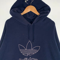 90's adidas アディダス トレフォイルロゴ刺繡 プルオーバースウェットパーカー ネイビー 万国旗タグ USA製 Size L 福生店