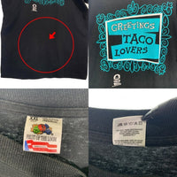 90's TACO BELL タコベル GREETINGS TACO LOVERS プリントTシャツ ブラック FRUIT USA製 Size XXL 福生店