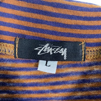 80's STUSSY ステューシー モックネック ボーダーポケットロングスリーブTシャツ ブラウン ネイビー USA製 黒タグ Size L 福生店