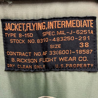BUZZ RICKSON'S バズリクソンズ M品番 M13407 B-15D フライトジャケット グリーン size38※所々汚れ・裾リブダメージ有 瑞穂店