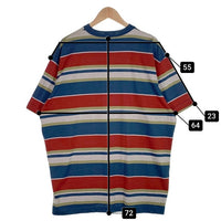 80's STUSSY ステューシー マルチボーダー ポケットTシャツ 裾クラウンロゴ刺繡 ブルー USA製 黒タグ Size XL 福生店