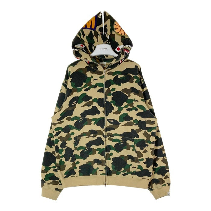 A BATHING APE アベイシングエイプ 初期フランケンタグ TIGER SHARK WIDE FULL ZIP DOUBLE HOODIE  タイガー カモ シャーク フルジップパーカー カーキ sizeL 瑞穂店