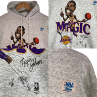 90's NBA ロサンゼルス・レイカーズ マジックジョンソン イラストプリント プルオーバースウェットパーカー オートミール SALEM Size L 福生店