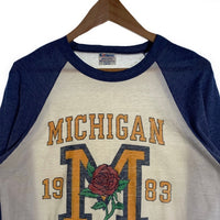 80's MICHIGAN ROSE BOWL 1983 ラグランスリーブカットソー 七分袖 ホワイト ネイビー Hanes USA製 Size L 福生店