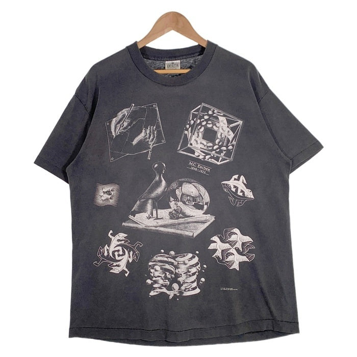 90's M.C.Escher エッシャー ダブルサイド マルチプリント Tシャツ ブラック だまし絵 ANDAZIA USA製 Size XL 福生店