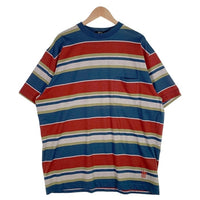 80's STUSSY ステューシー マルチボーダー ポケットTシャツ 裾クラウンロゴ刺繡 ブルー USA製 黒タグ Size XL 福生店