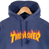 90's~ THRASHER スラッシャー フレイムロゴプリント プルオーバースウェットパーカー ネイビー Size XL 福生店