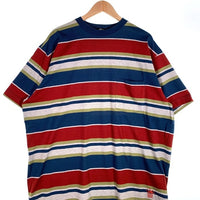 80's STUSSY ステューシー マルチボーダー ポケットTシャツ 裾クラウンロゴ刺繡 ブルー USA製 黒タグ Size XL 福生店
