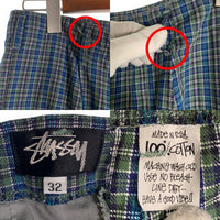 80's STUSSY ステューシー コットン チェック柄 1タックスラックス パンツ グリーン ブルー USA製 黒タグ Size 32 福生店