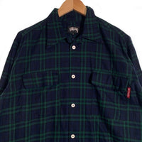 80's STUSSY ステューシー コットン オープンカラーフランネルチェックシャツ ブラックウォッチ 長袖 ネイビー グリーン USA製 黒タグ Size M 福生店