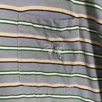 90's STUSSY ステューシー ボーダー ポケットTシャツ グレー ショーンフォント刺繡 インド製 白タグ Size L 福生店