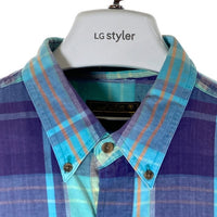 Eddie Bauer エディーバウアー 黒タグ 香港製 マドラスチェック ボタンダウン 半袖シャツ パープルxブルー sizeL 瑞穂店